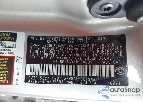 2016 Toyota Camry Se из США, поврежденный, VIN 4T1BF1FKXGU200095